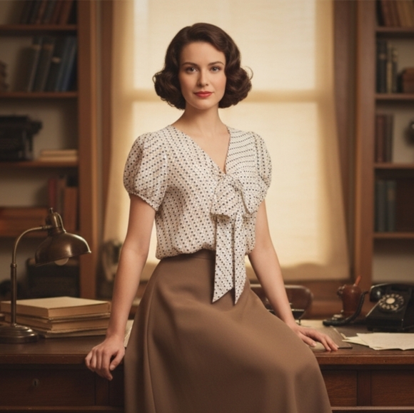 🎀 Retro Print Blouse | Tie Bow Front | Size Small 👚 - Picture 1 of 8